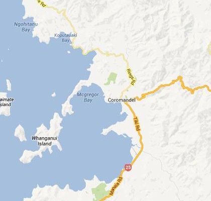 satellite map image of Coromandel, New Zealand shows road/location map