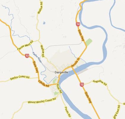 satellite map image of Dargaville, New Zealand shows road/location map