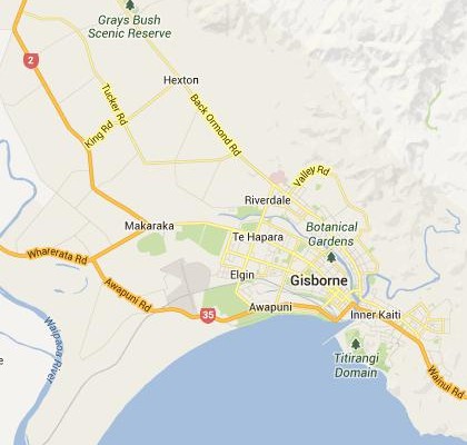 satellite map image of Gisborne, New Zealand shows road/location map