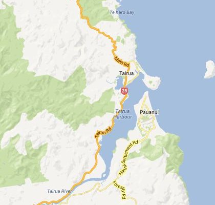 satellite map image of Tairua, New Zealand shows road/location map